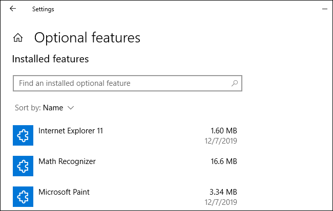Optional Features in Settings on Windows 10