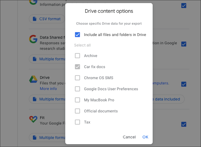 Select Google Drive folders to export