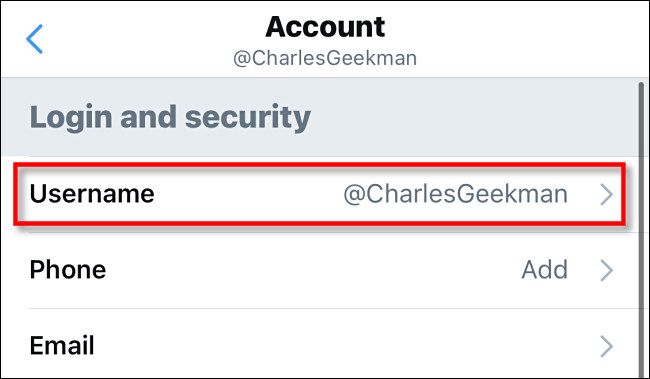 In Twitter settings, tap "Username."