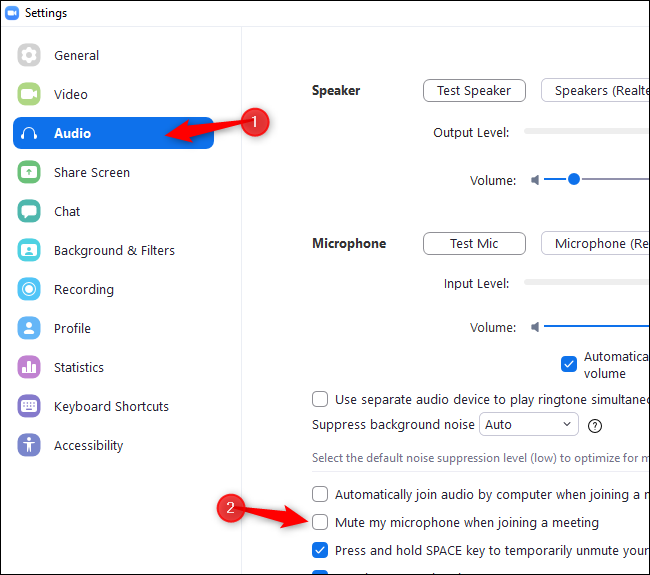 Select &quot;Audio&quot; and enable &quot;Mute my microphone when joining a meeting&quot; in Zoom Settings