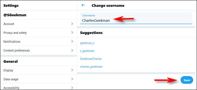 In Twitter on the web, enter the new user name and click "Save."