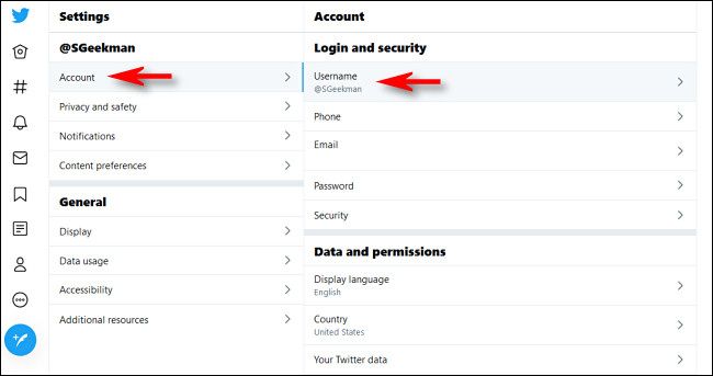 In Twitter on the web, click "Accounts" and then "Username."