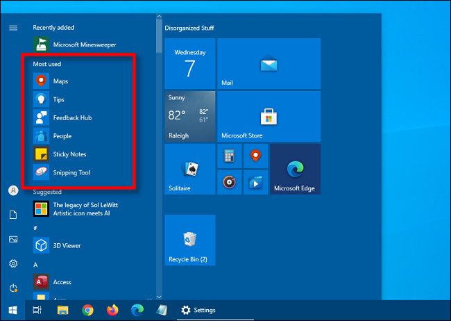 The "Most used" apps list in the Windows 10 Start menu