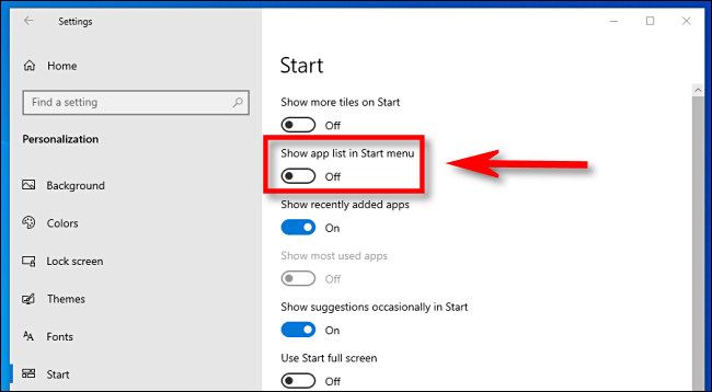 In Windows 10 Settings, click the "Show app list in Start menu" switch to turn it off.
