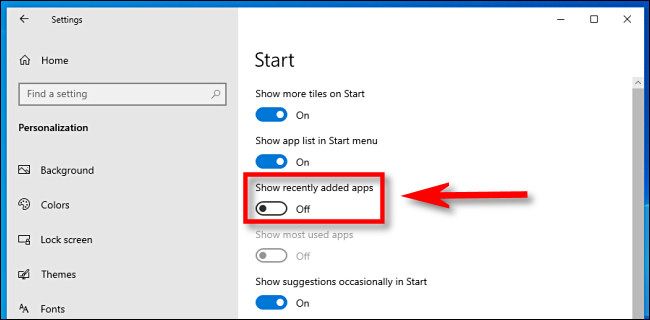 In Windows 10 Settings, click the "Show recently added apps" switch to turn it off.