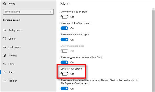 In Windows 10 Settings, click the "Use Start full screen" switch.