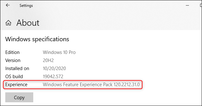 The &quot;Windows Feature Experience Pack&quot; displayed on Windows 10's About screen