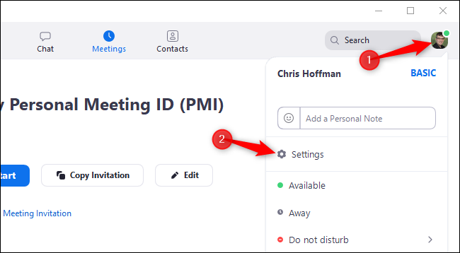 Click your profile icon in Zoom and select &quot;Settings&quot;