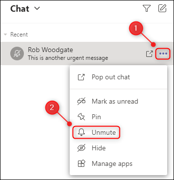 The &quot;Unmute&quot; menu option for a chat.