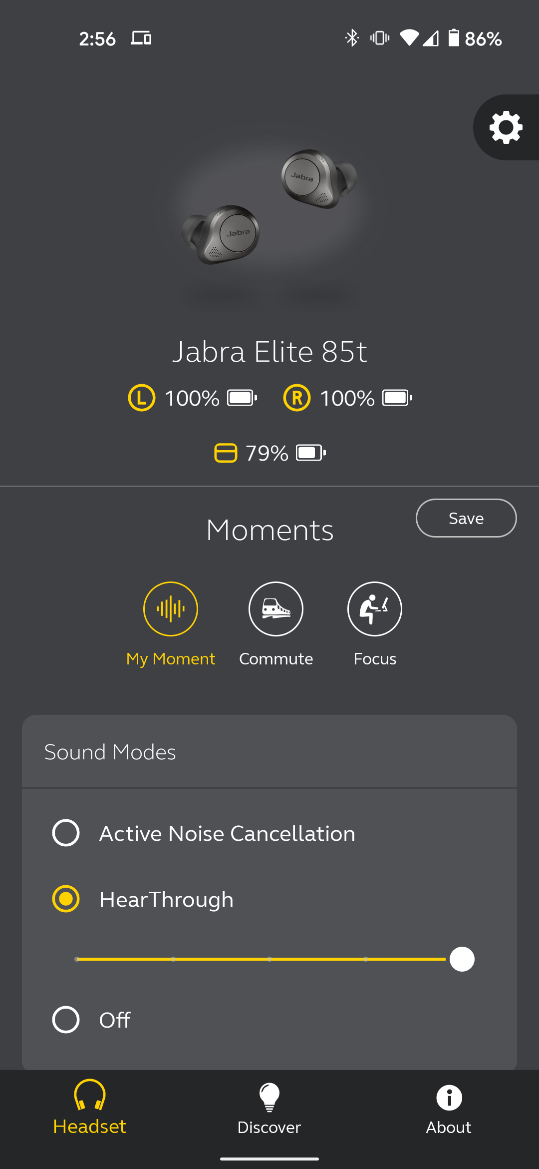 The Jabra Sound+ app showing the earbuds and HearThrough option enabled