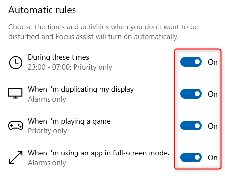 The &quot;Automatic rules&quot; section of Focus Assist.