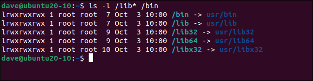 ls -l /lib* /bin in a terminal window
