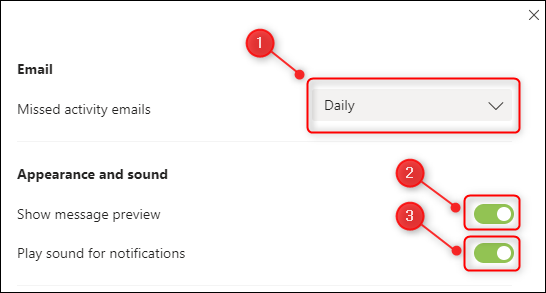 The &quot;Email&quot; and &quot;Appearance and sound&quot; notification options.