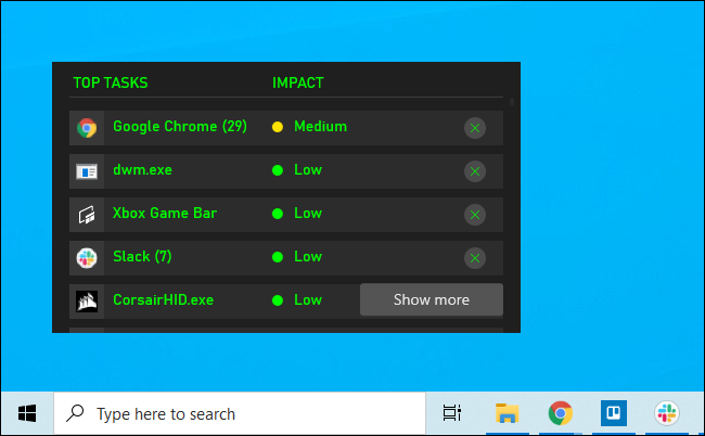 The Resources widget from the Xbox Game Bar pinned to a Windows 10 desktop