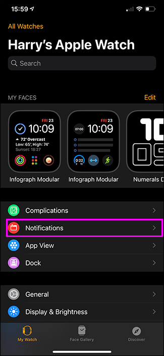notifications option highlighted apple watch app
