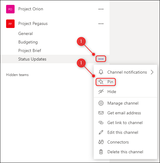 The &quot;Pin&quot; option on the channel menu.