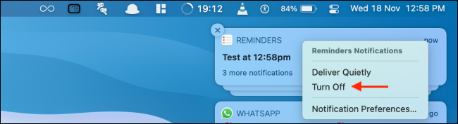 Click Turn off to Disable Notifications from Notification Center