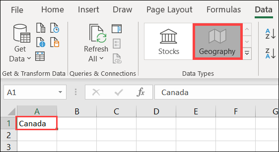 Click Geography in the Data Types section of the Data tab
