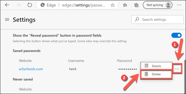 Click the three-dots menu icon next to a saved password entry, then press the "Delete" option.
