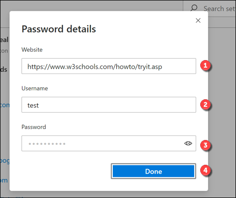 Edit a saved password entry in the "Password Details" box, then press "Done" to save.