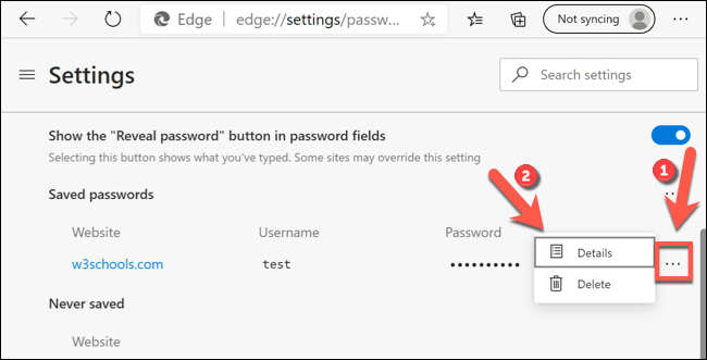Press the three-dots menu icon &gt; Details to edit a password entry in Microsoft Edge.