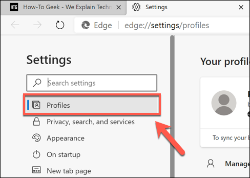 In the Edge "Settings" menu, press the "Profile" tab in the left-hand menu.