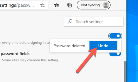 Click "Undo" to delete a recently-deleted password in Microsoft Edge.