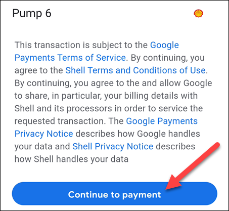 confirm pump and continue to payment