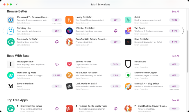 Safari Extensions in App Store Sections