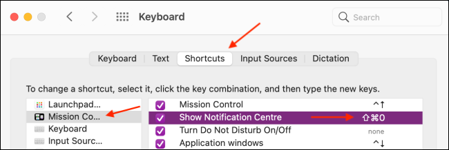 Set Keyboard Shortcut for Notification Center