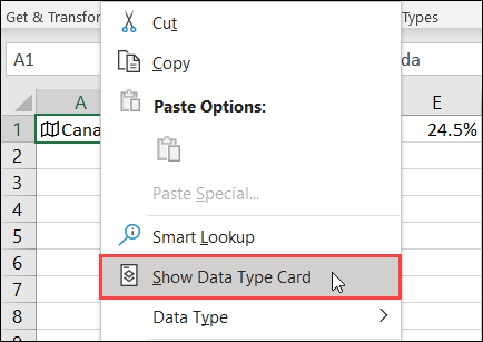 Select Show Data Type Card