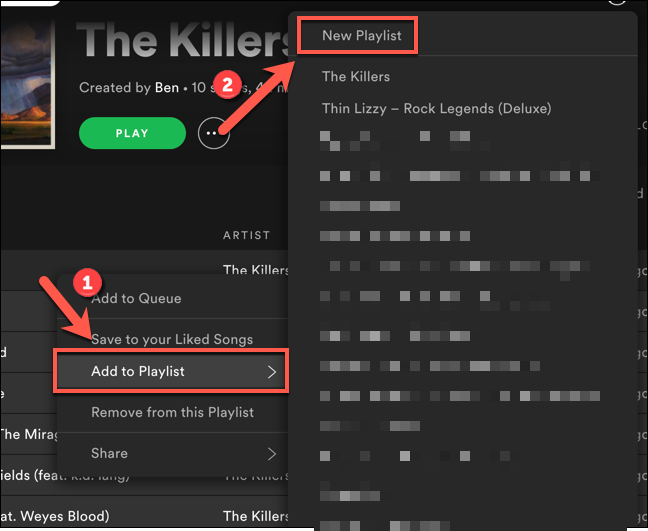 Right-click the selected songs in the Spotify playlist, then press Add to Playlist &gt; New Playlist or select one of the existing playlists below