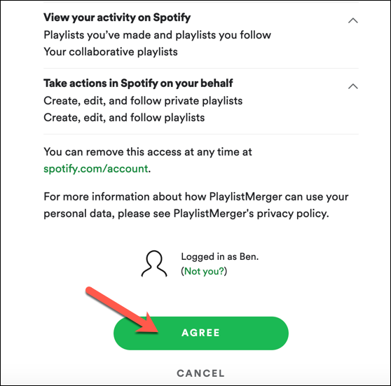 Press "Agree" to allow Spotify Playlist Merger access to your Spotify account.