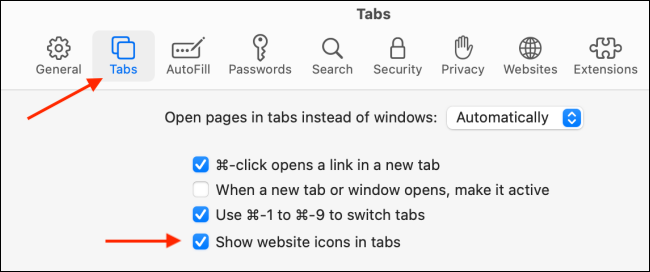 Uncheck Show Website Icons in Tabs