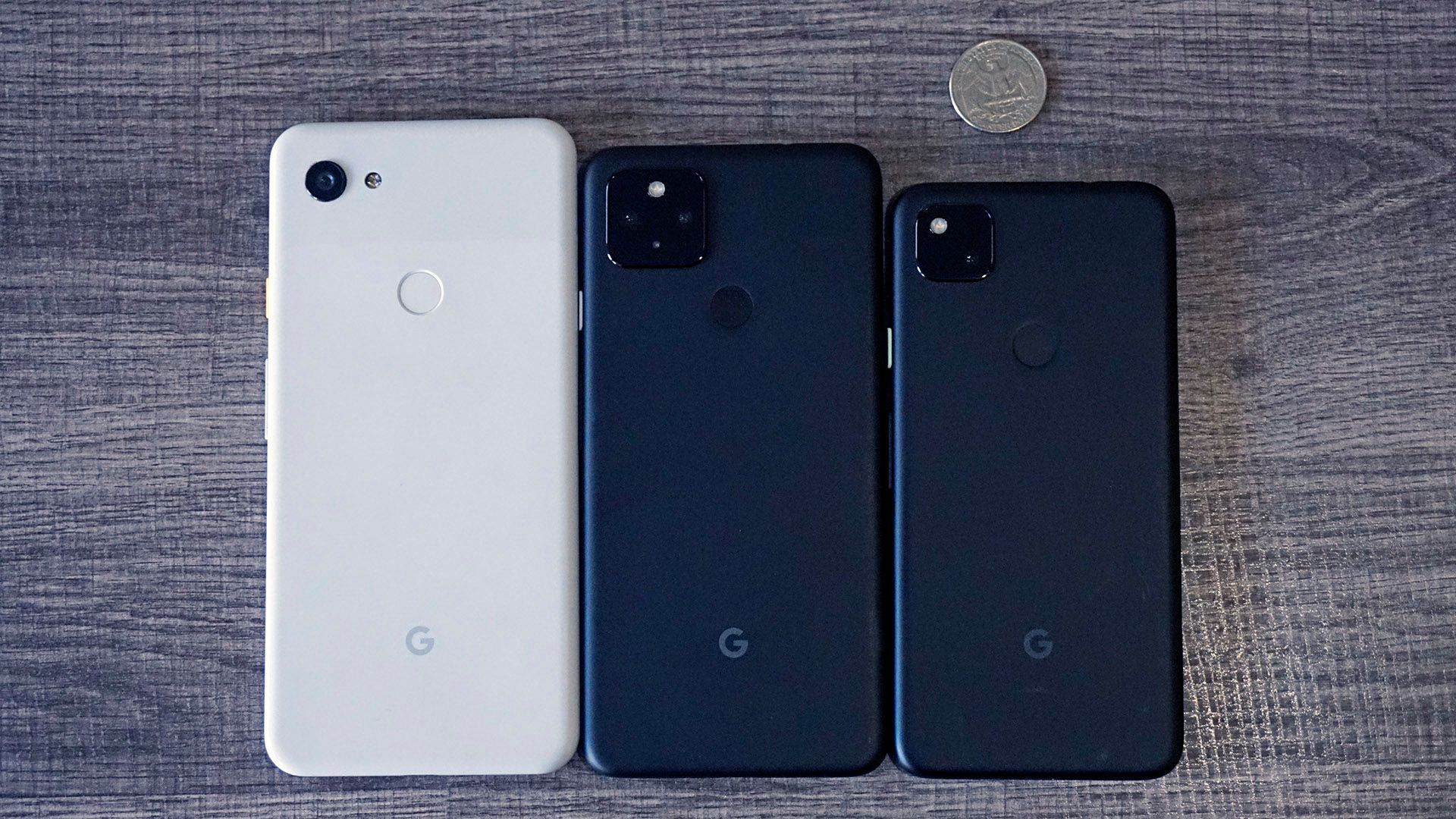 Left to right: Pixel 3a XL, Pixel 4a 5G, Pixel 4a. 
