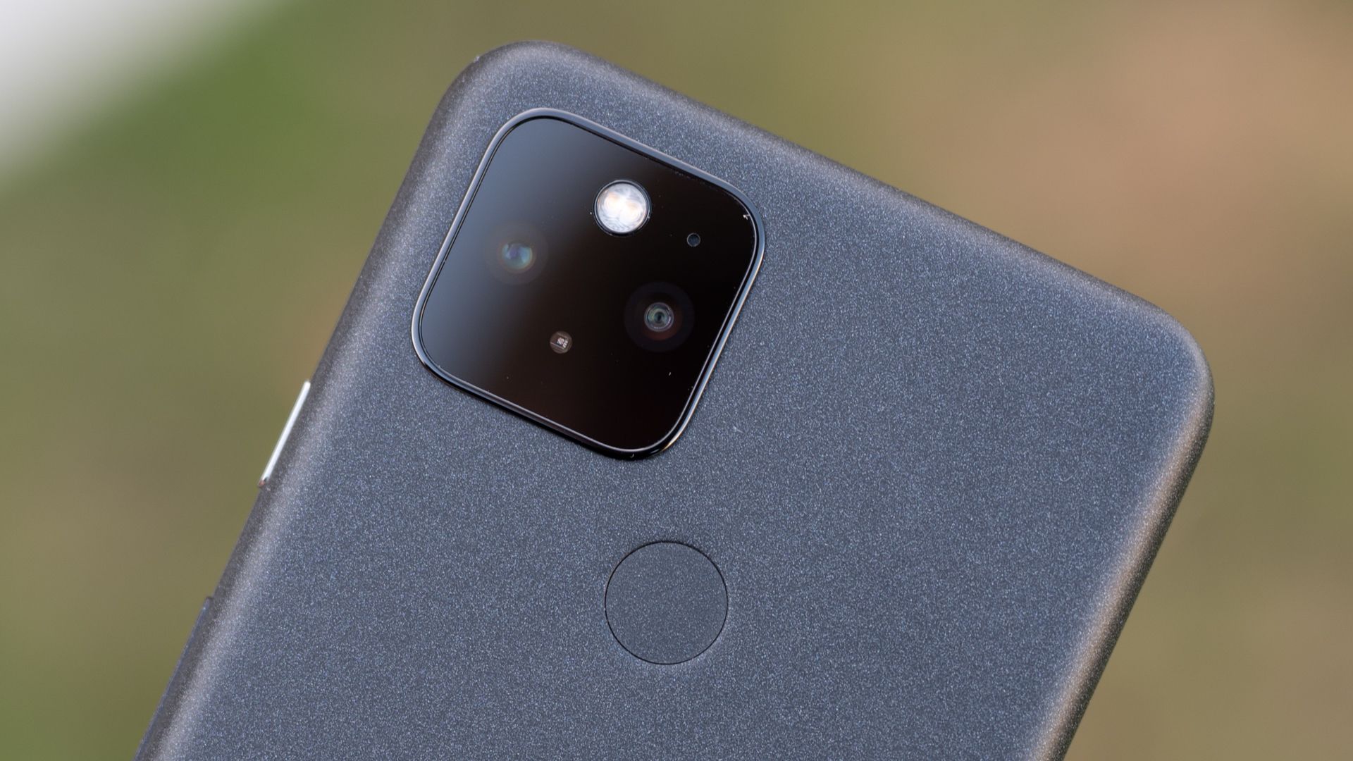 The black Pixel 5's camera and rear fingerprint sensor