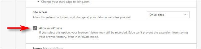 In Edge extension details, check the box beside "Allow InPrivate."