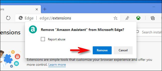 In Edge, click "Remove" again to confirm removing the extension.