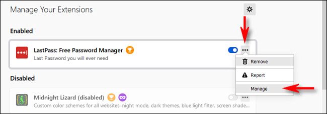 In Firefox Add-ons Manager, click the ellipses button and select "Manage."