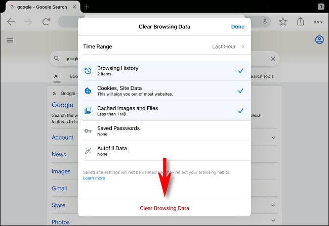 In Google Chrome on iPhone and iPad, tap "Clear Browsing Data."