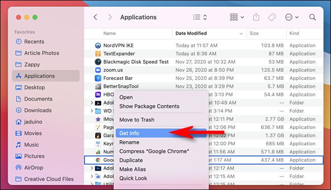 In your Applications folder, right click an app icon and select "Get Info."