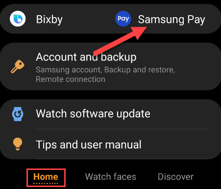 select samsung pay in the wearable app