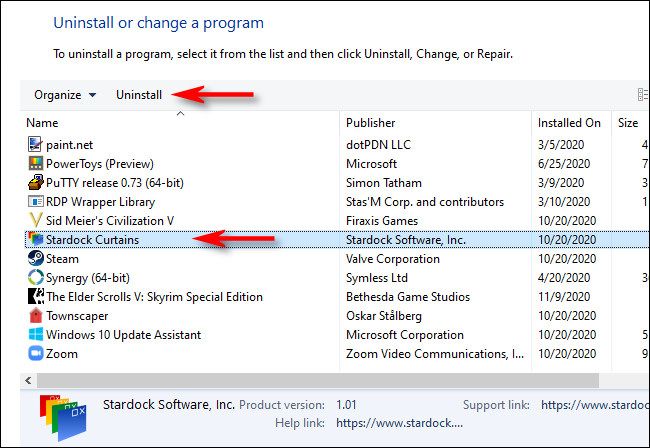 In Programs and Features, select the app you want to uninstall and click "Uninstall."