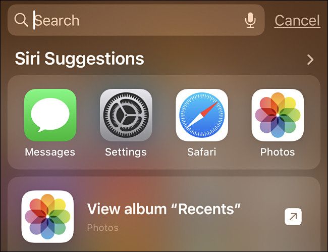 An example of Spotlight search on iPhone Home screen with Siri suggestions