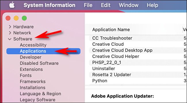 In System Information, click "Software" then "Applications" in the sidebar menu.