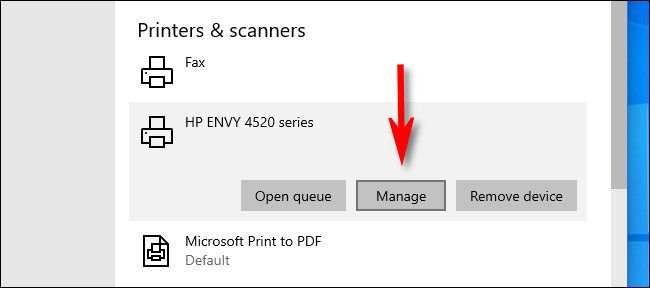 In Windows 10 Settings, click the printer you'd like to set as default and select "Manage."