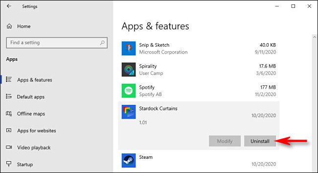 In "Apps & Features," select the app you'd like to uninstall, then click "Uninstall."