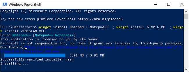 Installing software with winget in a PowerShell window.