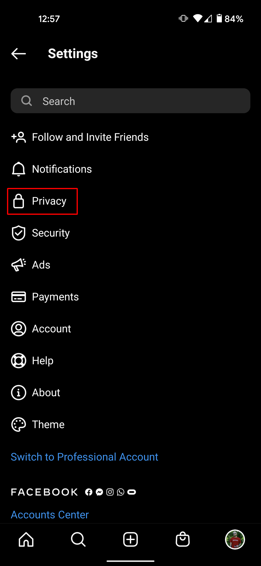 A screenshot of the Instagram settings menu highlighting the privacy option