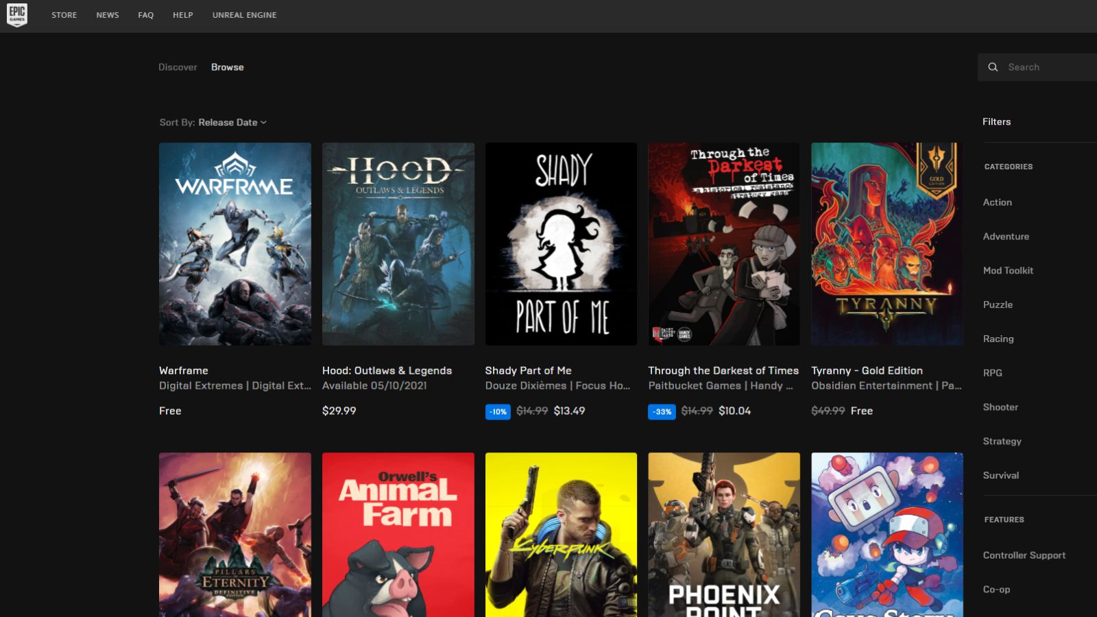 Screenshot of Epic Games Store browsing page